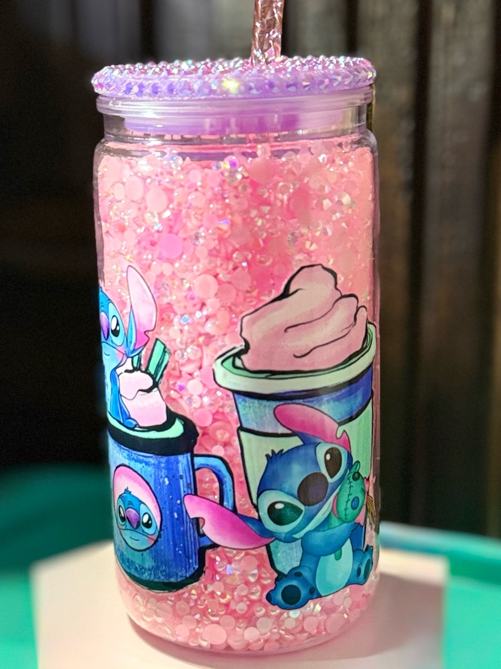 Handmade Stitch Snowglobe Tumbler with Rhinestone Lid and Straw